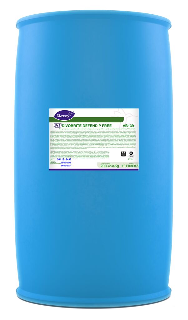 DIVOBRITE DEFEND P-FREE VB139 200L - ADITIVO PARA EL LAVADO DE BOTELLAS CON PROPIEDADES PROTECTORAS DEL VIDRIO Y REFPET